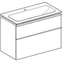 Zestaw umywalki meblowej Geberit iCon slim rim, z szafką pod umywalkę, z dwoma szufladami i zestawem odpływowo-przelewowym do umywalki: B=90cm, Umywalka: biały, Korpus i front: orzech hickory / melaminowa struktura drewna, Uchwyt: lava / malowany proszkow