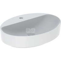 Umywalka GEBERIT Variform owalna, biała, 600mm, otwór na baterię na środku, stawiana na blat, bez odpływu przelewowego, półka od ściany