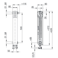 Grzejnik żeberkowy KFA Armatura G500F/D/1 aluminium, podłączenie dolne, prawe, proste 572 x 80 mm, kolor biały (RAL 9016)
