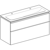 Zestaw umywalki meblowej Geberit iCon, slim rim, z szafką pod umywalkę, z dwoma szufladami i odpływowo-przelewowym do umywalki: B=120cm, Umywalka: biały, Korpus i front: dąb / melaminowa struktura drewna, Uchwyt: lava / malowany proszkowo, matowy