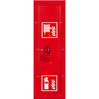 Hydrant DN 52 wnękowy boczny z koszem, z miejscem na gaśnicę, wąż 20 m, zamek patent, RAL 3000 prawy