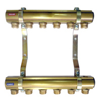 Rozdzielacz do instalacji c.o. QIK mosiądz GW 1'', 10-obieg. GZ 3/4'' z nyplami