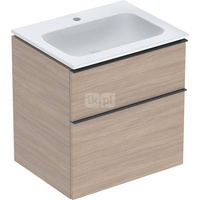 Zestaw umywalki meblowej Geberit iCon slim rim, z szafką pod umywalkę, z dwoma szufladami i zestawem odpływowo-przelewowym do umywalki: B=60cm, Umywalka: biały /KeraTect, Korpus i front: dąb / melaminowa struktura drewna, Uchwyt: lava / malowany proszkowo