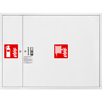 Hydrant DN 33 zawieszany z miejscem na gaśnicę obok zwijadła, wąż 20 m, ocynk fasada, zamek patent, RAL 9003